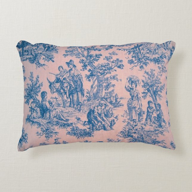 Fransk toile de jouy rosa and blue elegant prydnadskudde (Framsidan)