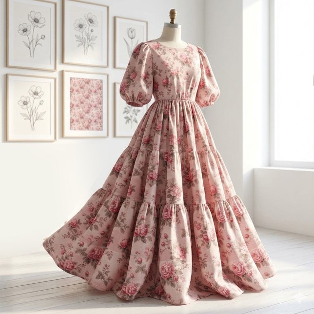 Fransk Toile de Jouy Rosa Blommig Rokoko Ros Tema Tyg (French Toile de Jouy Pink Floral Rococo Rose Theme Fabric)