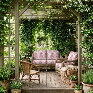 Fransk Toile de Jouy Rosa Lyxig Vagn Vintage Tyg