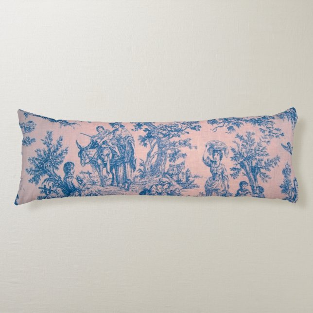 Fransk toile de jouy rosa och blå elegant kroppskudde (Framsidan)