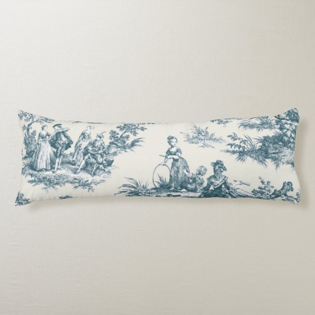 Fransk toile de jouy sagegrön elegant kroppskudde (Framsidan)
