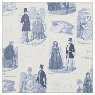 Fransk Toile för Biedermeier blått- och vitvinta Tyg