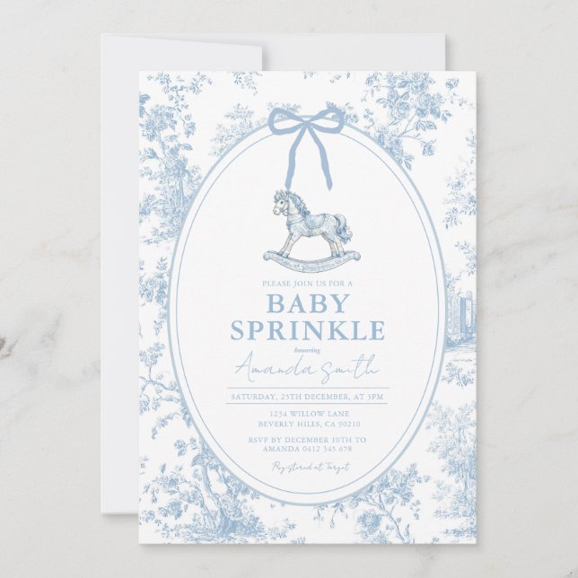 Fransk Toile Gunghäst Baby Shower Inbjudningar (Framsida)