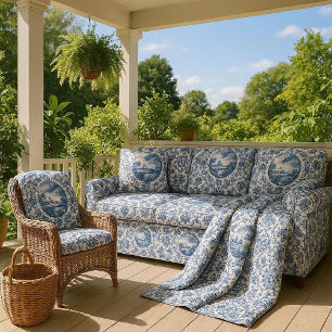 Fransk Toile Landskapsö Blue Vit Vintage Tyg