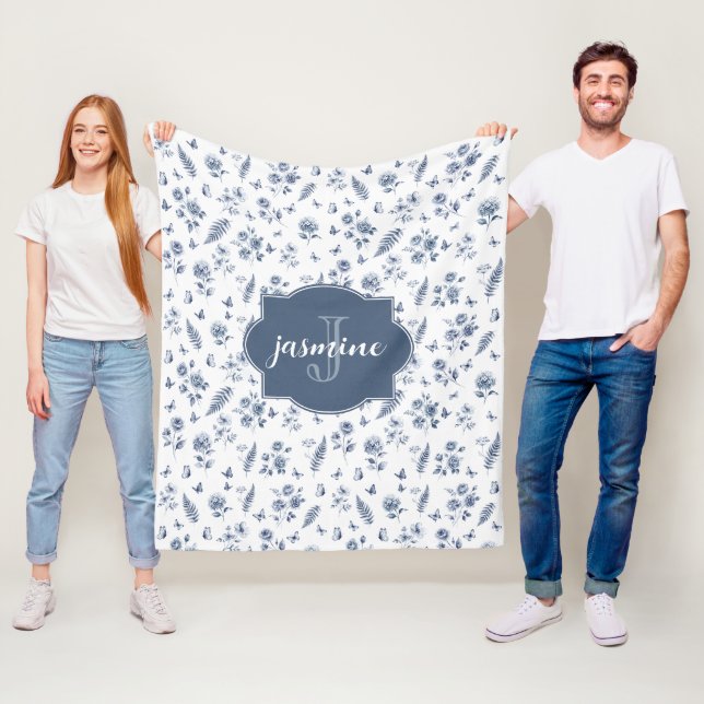Fransk Toile Monogram Namn Vattenfärg Blå Mönster Fleecefilt (På plats)