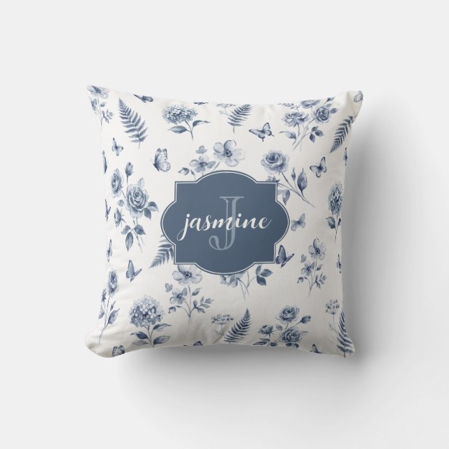 Fransk Toile Monogram Namn Vattenfärg Blått Mönste Kudde (Framsida)
