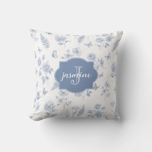 Fransk Toile Monogram Namn Vattenfärg Blått Mönste Kudde (Framsida)