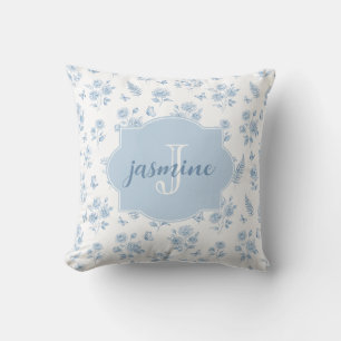 Fransk Toile Monogramnamn Vattenfärg Blå Mönster Kudde