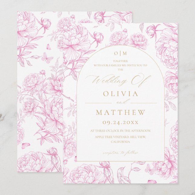 Fransk Toile Peony Bröllop  Inbjudningar (Fram/baksida)