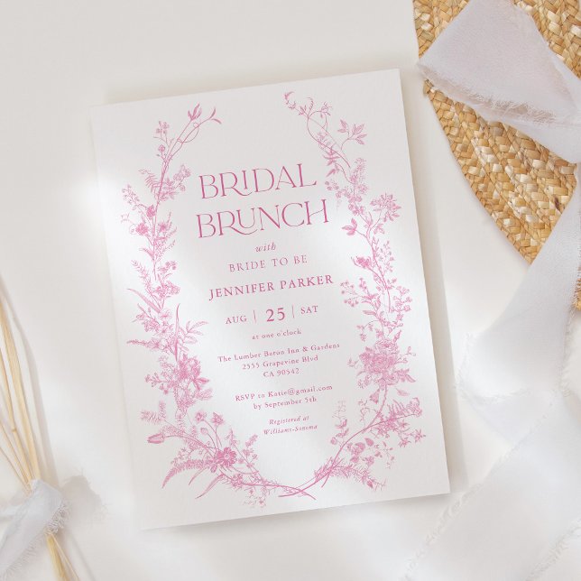 Fransk Toile Rosa Blommig Bröllopsbrunch  Inbjudningar (Skapare uppladdad)