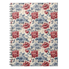 Fransk toile & Toile de Jouy. Blå och röda rosor. Anteckningsbok