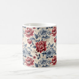 Fransk toile & Toile de Jouy blå och röda rosor. Kaffemugg