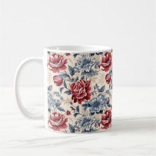 Fransk toile & Toile de Jouy blå och röda rosor. Kaffemugg