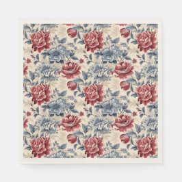 Fransk toile & Toile de Jouy blå och röda rosor. Pappersservett