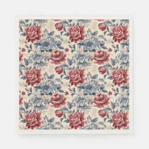 Fransk toile & Toile de Jouy blå och röda rosor. Pappersservett