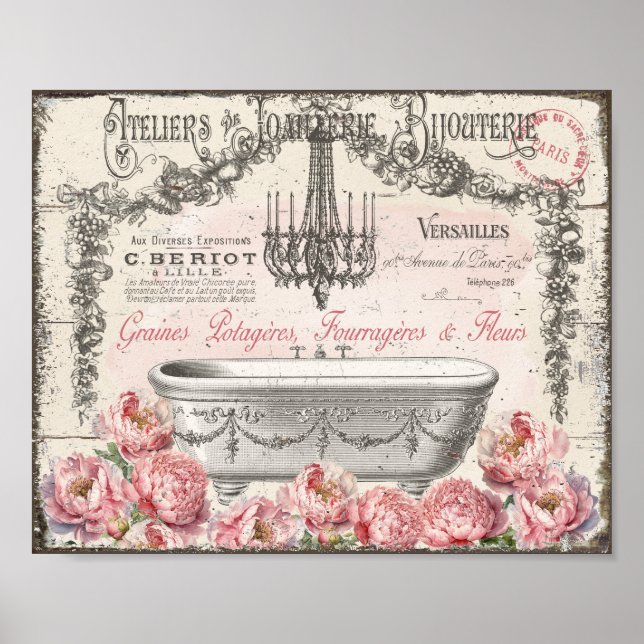 Fransk Victorian Bathtub Peonies Chandelier Poster (Framsidan)
