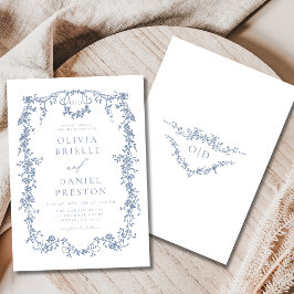 Fransk Victorian Dusty Blue Bröllop Monogram Inbjudningar