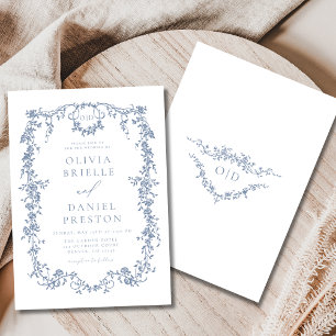 Fransk Victorian Dusty Blue Bröllop Monogram Inbjudningar
