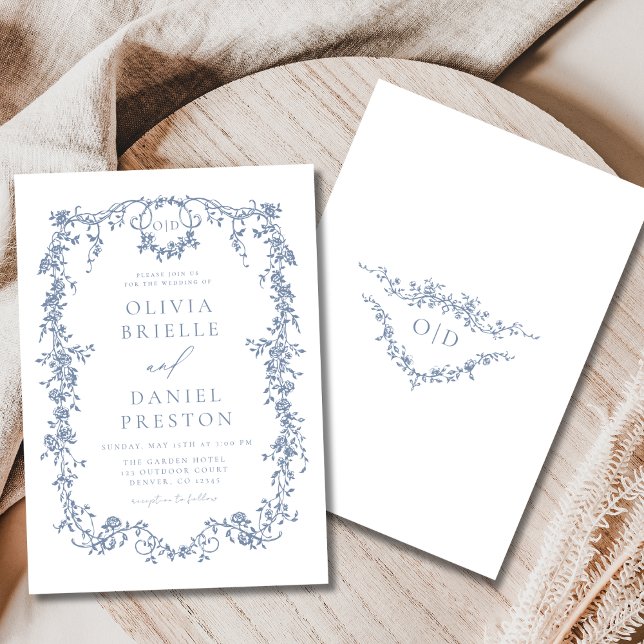 Fransk Victorian Dusty Blue Bröllop Monogram Inbjudningar (Skapare uppladdad)