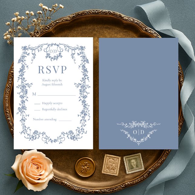 Fransk Viktoriansk dammig blå bröllops-RSVP  OSA Kort (Skapare uppladdad)