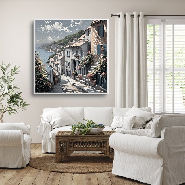 Fransk Village Summer Landscape vid Sea Poster (French Village Summer Landscape by the Sea Poster Mockup 1)