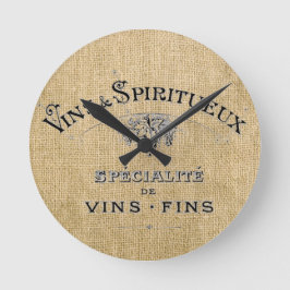 Fransk Vin på Burlap Rund Klocka