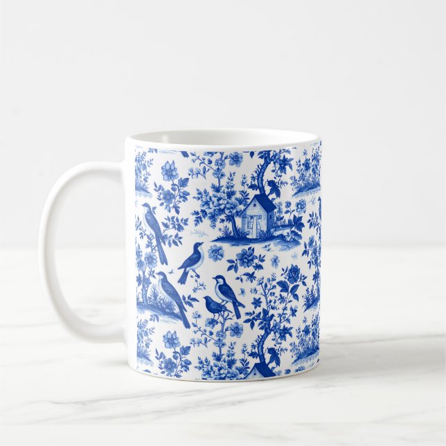Fransk Vintage Blå & Vit Blommig Kaffemugg (Vänster)