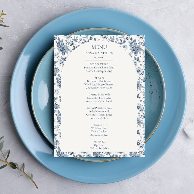 Fransk Vintage Chinoiserie Blommigt Blue Bröllop Meny (Chinoiserie Dusty Blue Victorian French Vintage Floral Wedding Menu with Arch)