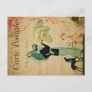 Fransk Vintage Ephemera Woman WhiBlommigt Hund Vykort
