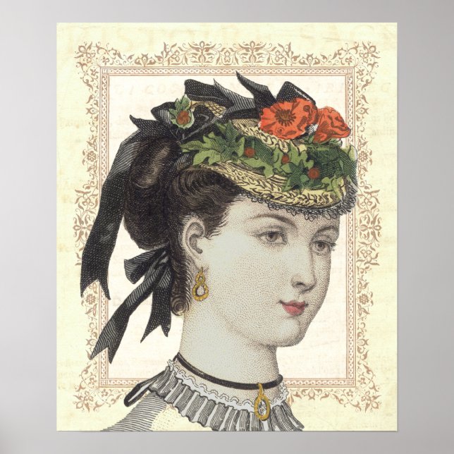Fransk Vintage Mode Dam Poppies i Hat Poster (Framsidan)