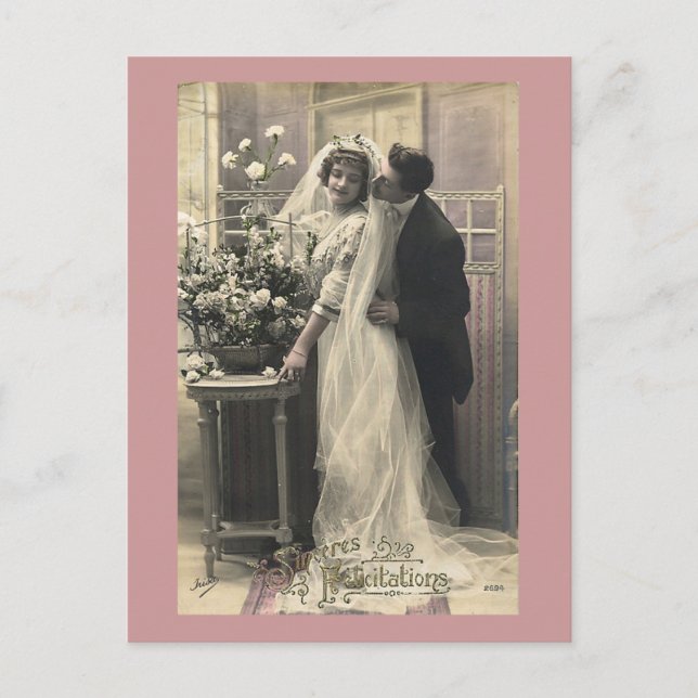 Fransk Vintage Romantic Kärlek Bröllop Vykort (Framsida)