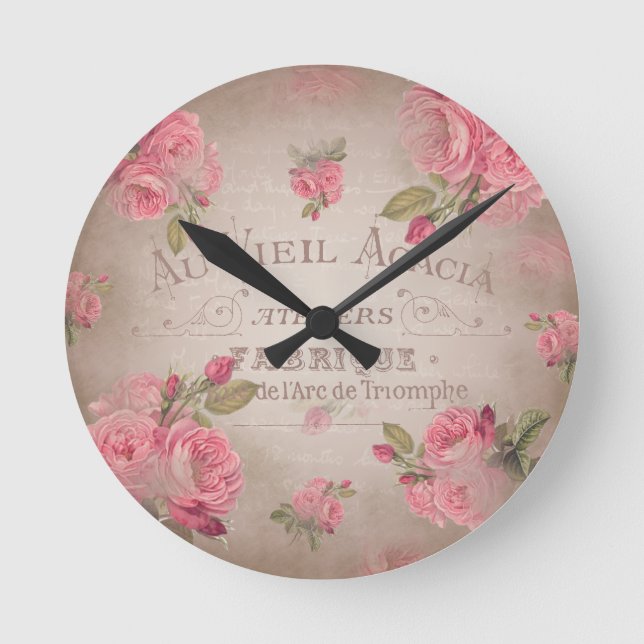fransk vintage Shabbychic ro rosa blommigt Rund Klocka (Framsida)