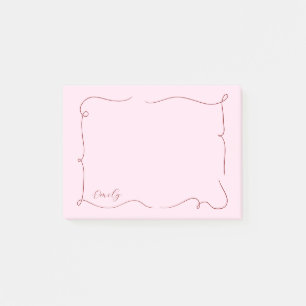 Fransk Whimsical Script Anpassat Namn Rosa Post-it Block