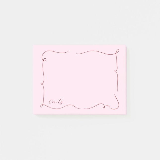 Fransk Whimsical Script Anpassat Namn Rosa Post-it Block (Framsida)