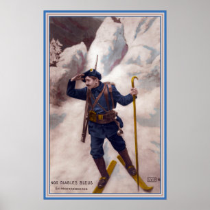 Fransk WWI Soldier på Skis i Alpernorna Blue Djävu Poster