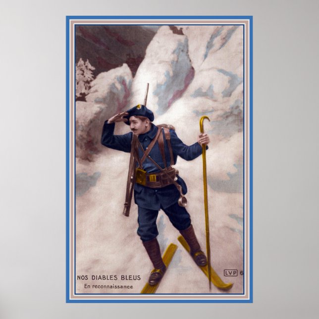 Fransk WWI Soldier på Skis i Alpernorna Blue Djävu Poster (Framsidan)