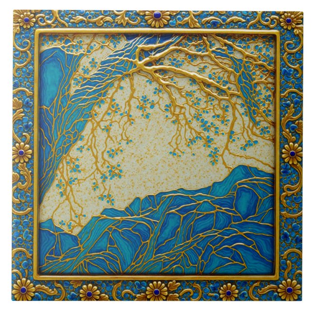 Franska Alperna Guld Turkos + Lapis Keramisk Kakel (Framsidan)