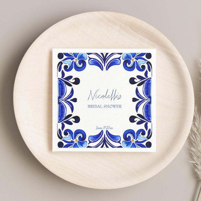 Franska blåa Medelhavs-plattor bröllopsdusch Pappersservett (French Blue Mediterranean Spanish tiles bridal shower printed Napkins template personalized tablewar)