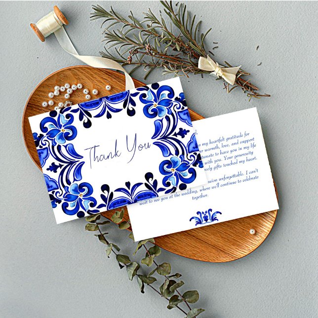 Franska blåa Medelhavs-plattor bröllopsdusch Tack Kort (French Blue Mediterranean folk art tiles bridal shower Thank You Cards wedding thank you cards)
