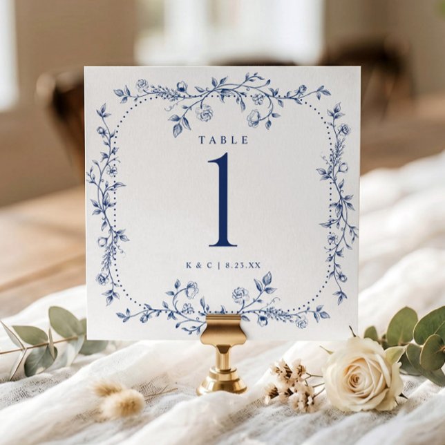 Franska blomstermönster i marinblå bröllopsbordnum inbjudningar (Navy blue square wedding table number with vintage French floral frame.)