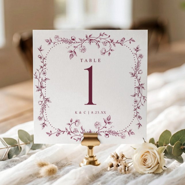 Franska blomstermönster i vinrött för bröllopsbord inbjudningar (Dark wine red square wedding table number with vintage French floral frame.)
