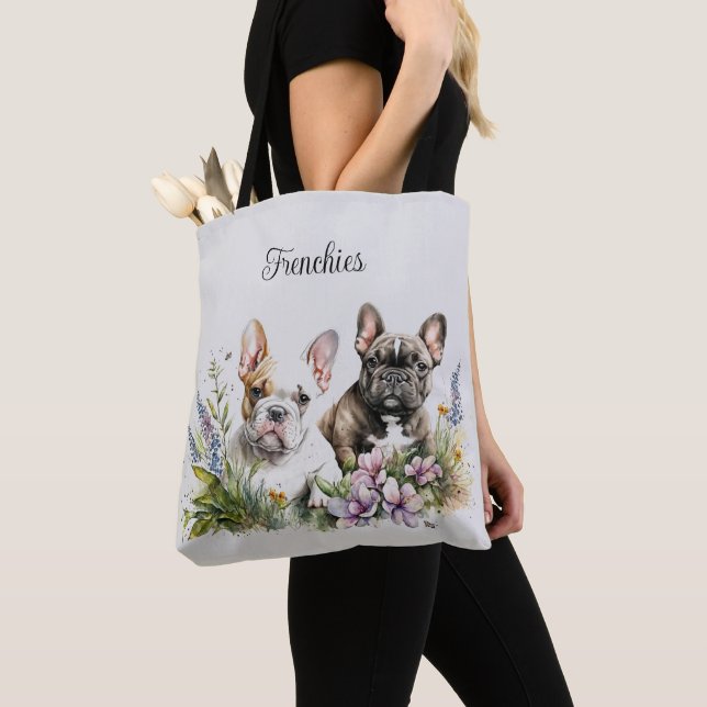 Franska Bull Dog Blommigt Tote Bag Tygkasse (Närbild)