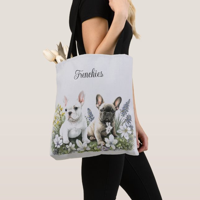 Franska Bull Dog Blommigt Tote Bag Tygkasse (Närbild)