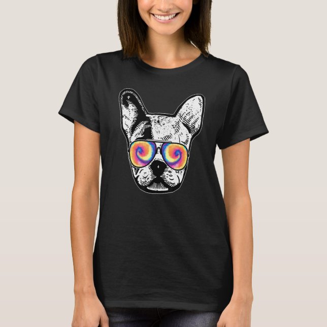 Franska Bull Dog Wearing Retro Sunglasses Tie Dye  T Shirt (Framsida)