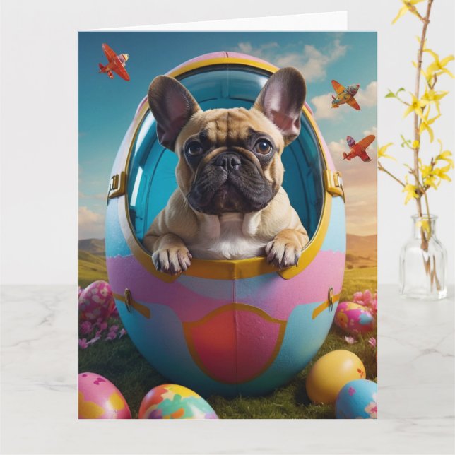 Franska Bulldog påskägg  Kort (Gul blomma)