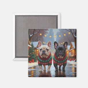 Franska Bulldoggar Jul Snö Högtid Magnet
