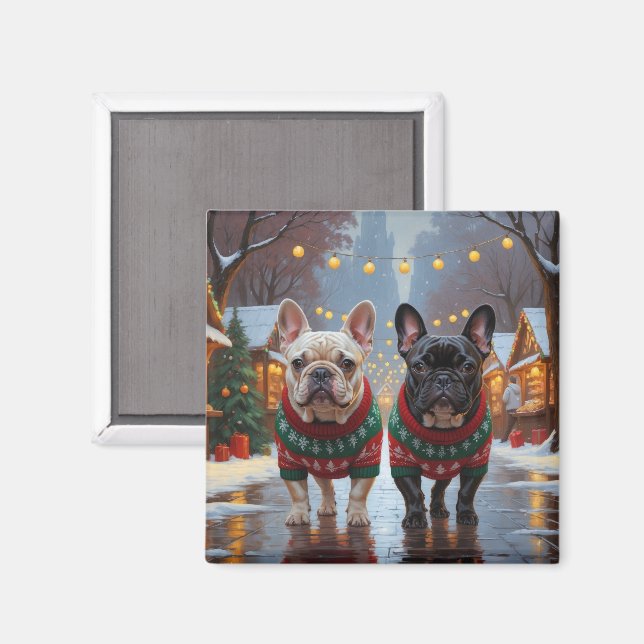 Franska Bulldoggar Jul Snö Högtid Magnet (Front/Back)