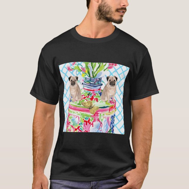 Franska bulldoggar och chinoiseriekruka t shirt (Framsida)