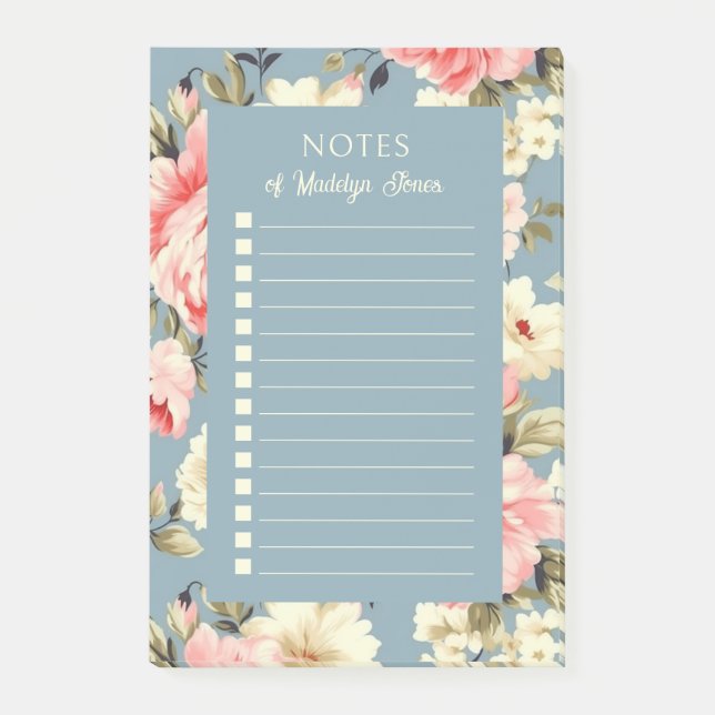 Franska lanthus trädgårdsblommor dammig blå post-it block (Framsida)