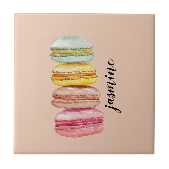 Franska Macarons Akvarell Handmålad Kakelplatta (Framsidan)
